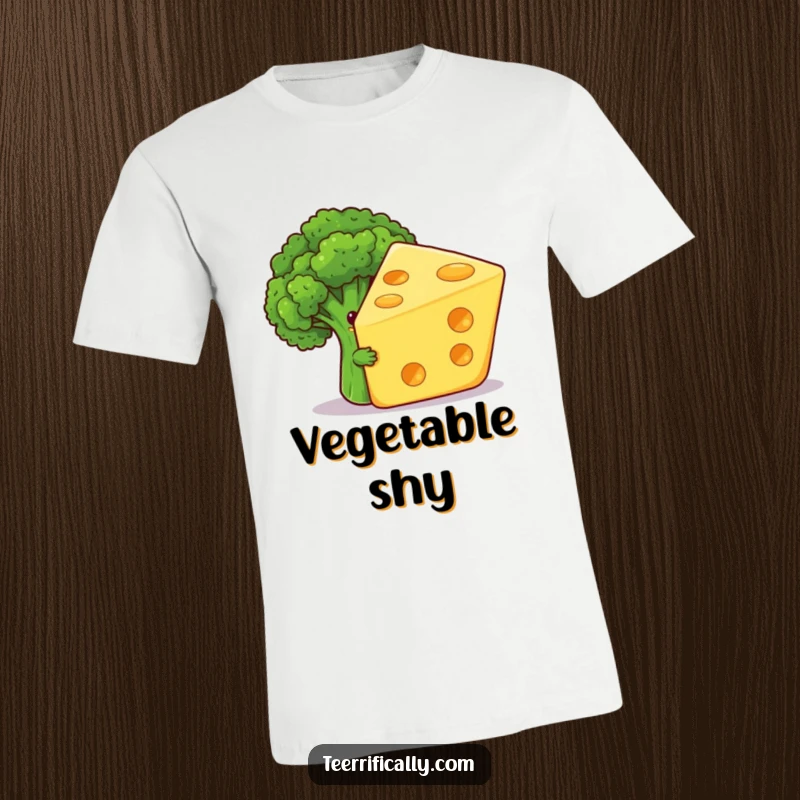Funny t-shirt depicting a shy broccoli floret humorously hiding behind a massive, grinning cheese slice, a playful food encounter.
