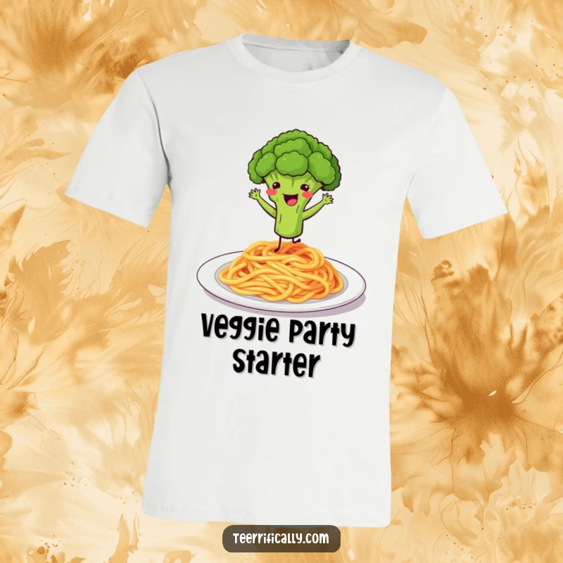 Funny t-shirt showing a bouncing broccoli floret happily dancing on a plate of spaghetti.