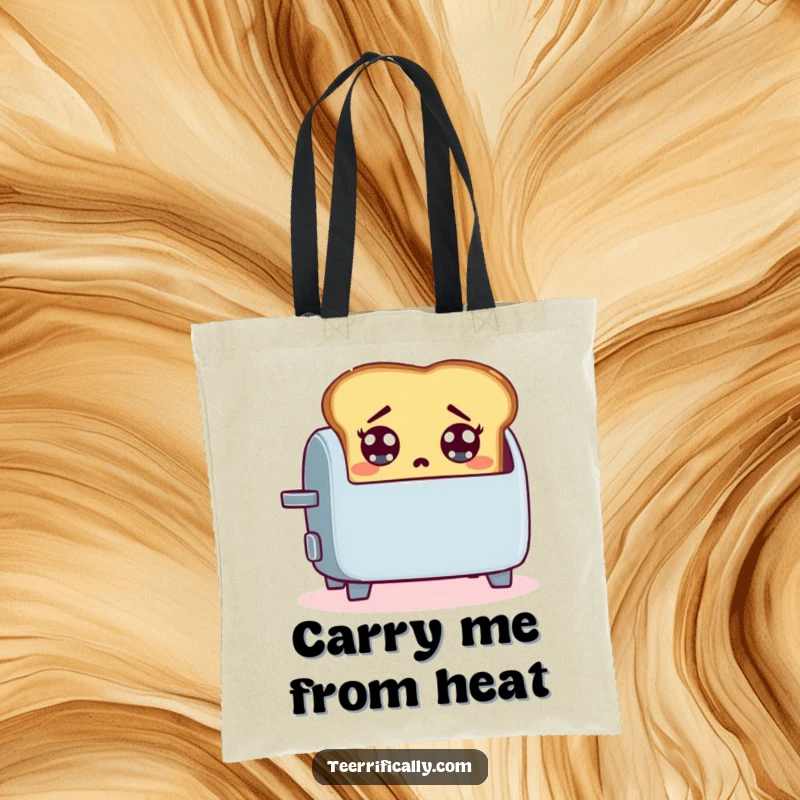 Funny tote bag displaying a startled slice of toast jumping out of a toaster, ideal for carrying groceries with a humorous twist.