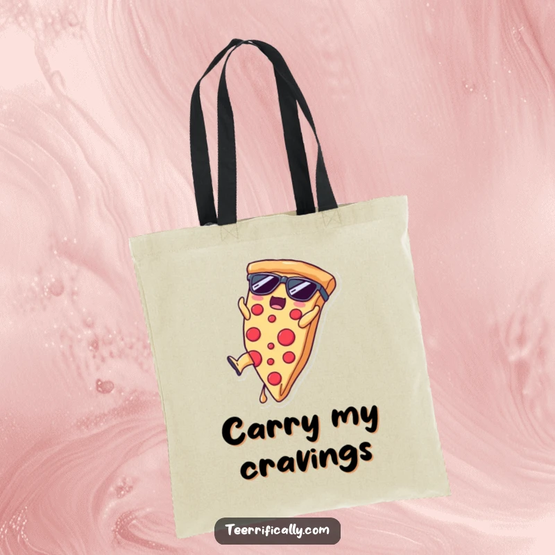 Funny pizza slice wearing sunglasses doing a somersault, durable tote bag for a funny gift.