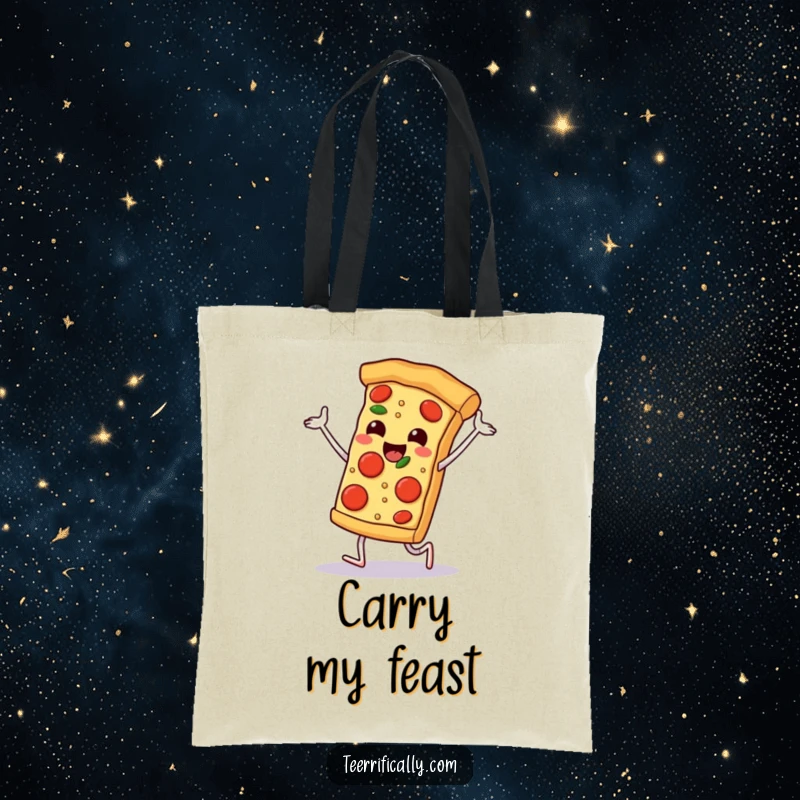 Funny happy pizza slice dancing with pepperoni feet, stylish tote bag for food lovers, humorous accessory.
