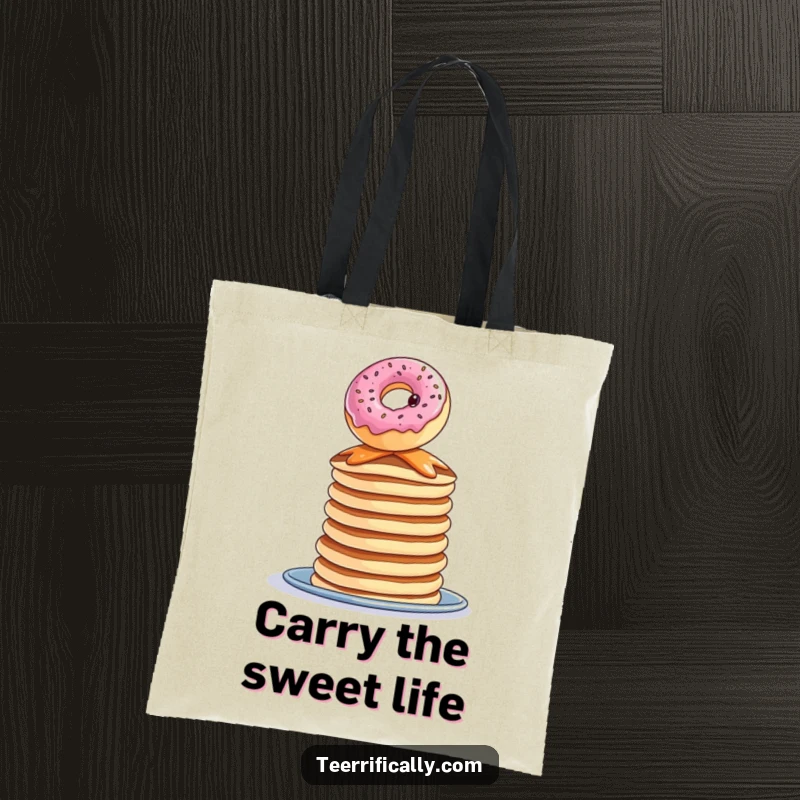 Funny donut pancake tote bag, a curious donut balancing precariously on pancakes, practical and humorous accessory.