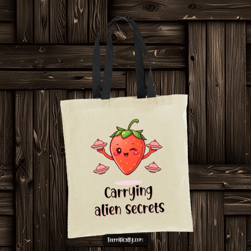 Funny winking strawberry character juggling three flying saucers on a tote bag, showcasing a humorous, cosmic, and practical design.