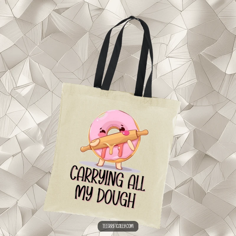 Funny tote bag with a clumsy donut hugging a rolling pin, showcasing baking fun and practical humor.