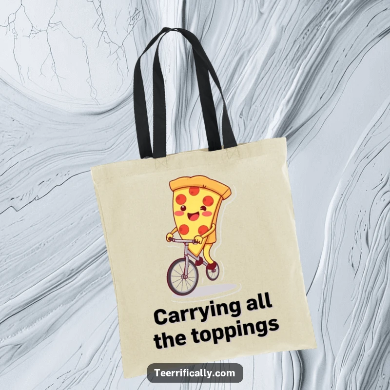 Funny pizza slice tote bag, bravely attempting a unicycle ride with joyful wobbles, exuding playful energy. Great funny gift.
