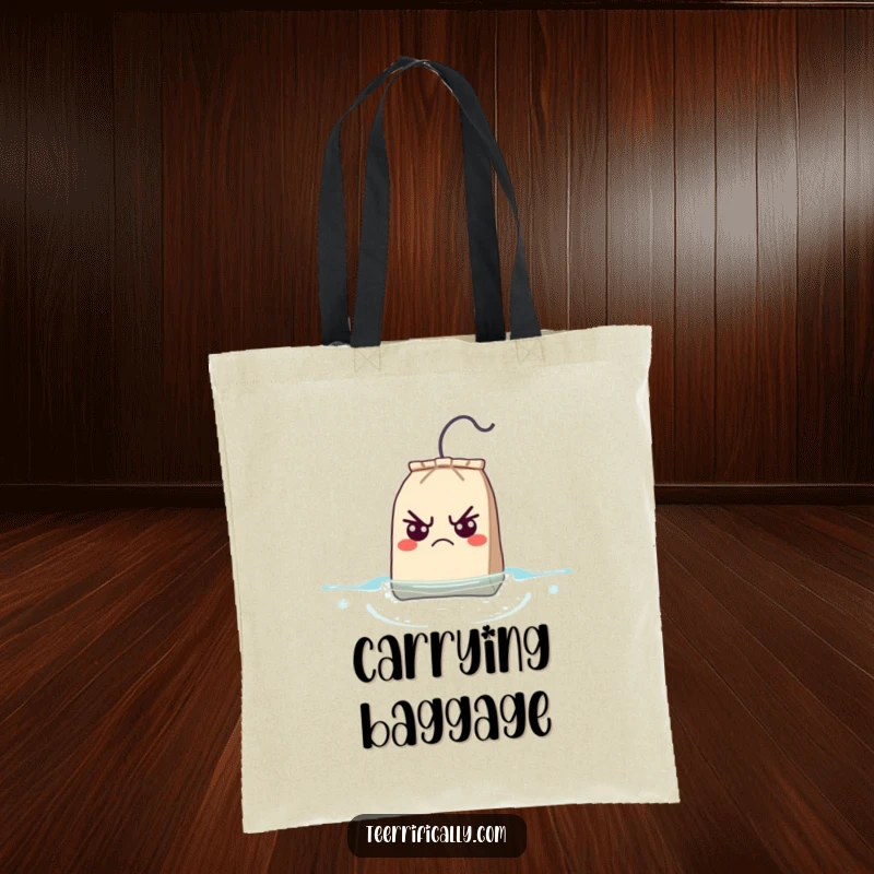 Funny Tote Bag featuring a grumpy teabag looking utterly surprised as it breaks the surface of the water.