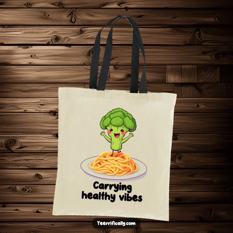 Funny tote bag featuring a bouncing broccoli floret joyfully dancing on a plate of spaghetti.