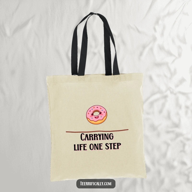 Funny donut tote bag illustrating a happy donut skillfully balancing on a tightrope, ideal for carrying groceries with a side of sweet humor.
