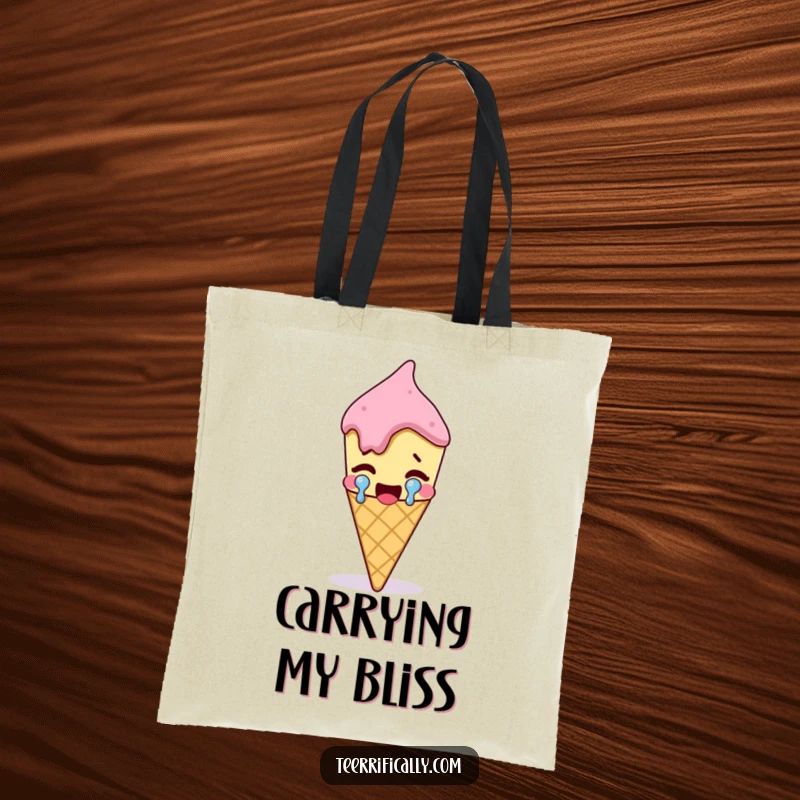Funny melting ice cream cone crying a large tear of joy, stylish tote bag for dessert lovers, humorous accessory.