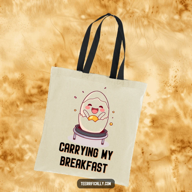 Funny cracked egg tote bag, joyfully spilling onto a trampoline, ideal for carrying essentials with a happy, bouncy attitude.