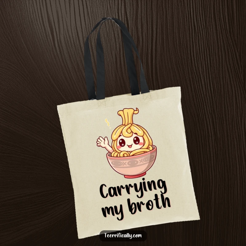 Funny Tote Bag featuring a happy noodle with googly eyes waving from a steaming bowl, perfect for everyday use.