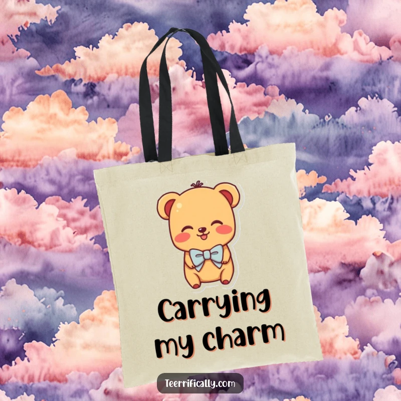 Funny tote bag depicting a shy hot dog character with a small bowtie, blushing brightly, carrying charm and essentials.