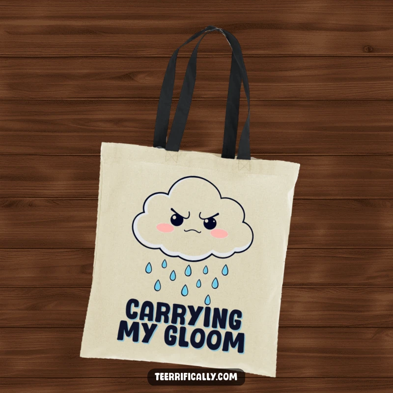 Funny tote bag featuring a grumpy cloud character showering happy little raindrops, a practical and amusing accessory.