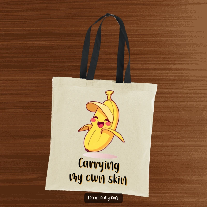 Funny tote bag featuring a giggling banana comically peeling itself, perfect for carrying groceries with humor.