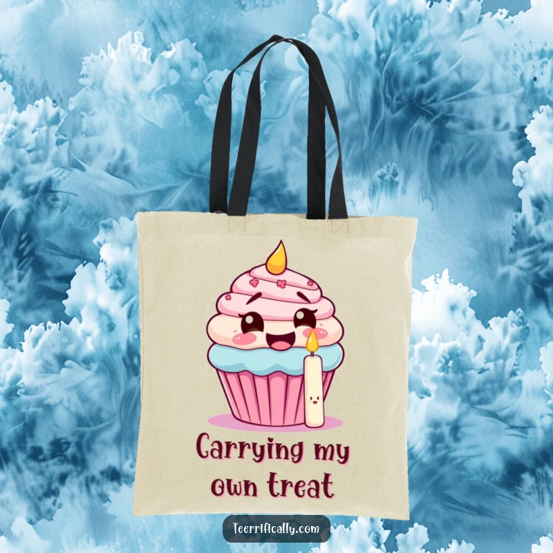 Funny tote bag with a giggling cupcake attempting to eat its own candle, perfect for carrying party essentials with birthday humor.
