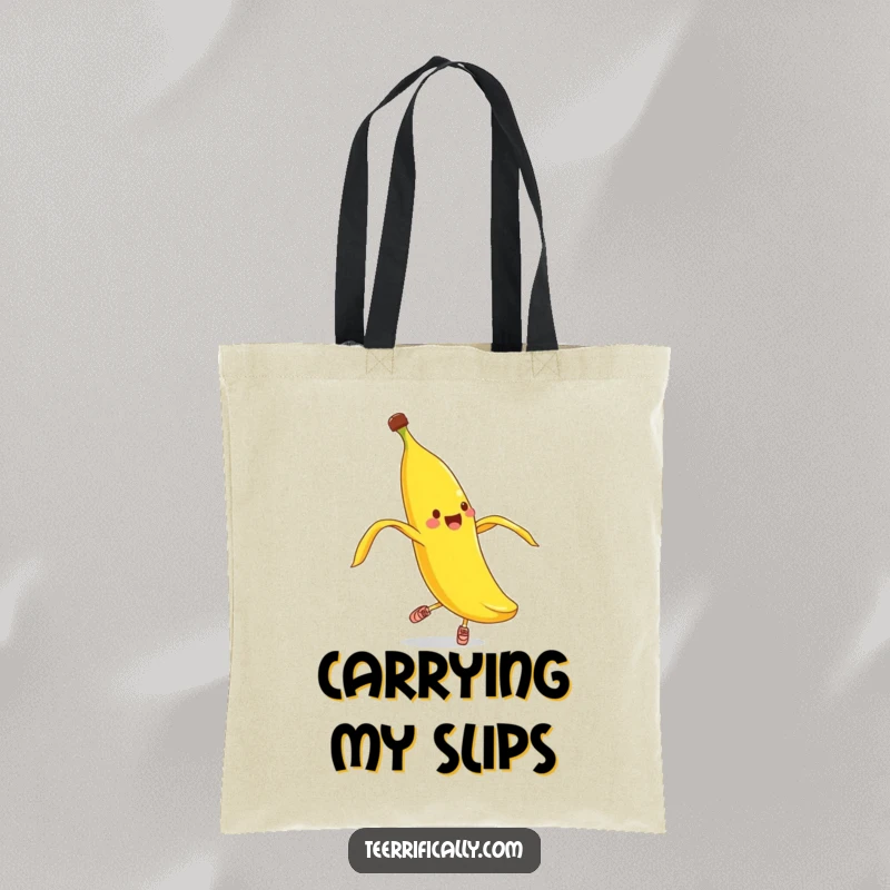 Funny banana peel pirouette tote bag, stylish bag with a cheerful banana peel in shoes attempting ballet.