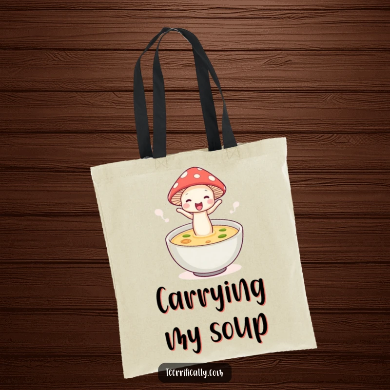 Funny mushroom soup tote bag, wearing a hat and jumping into soup, perfect for carrying essentials playfully.