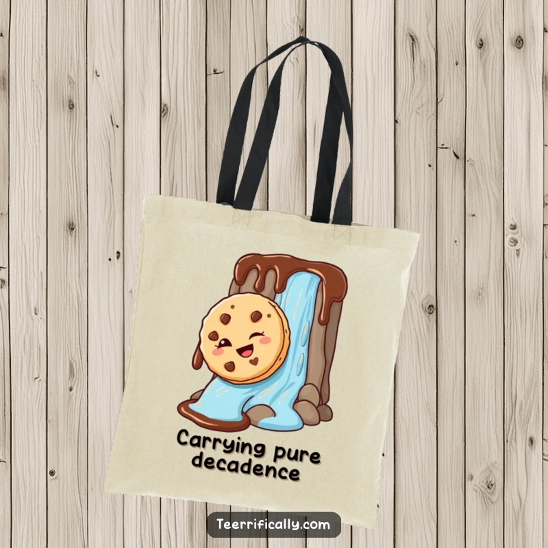 Funny Tote Bag with a winking cookie enjoying a chocolate sauce waterfall slide, perfect for carrying goodies with a humorous flair.