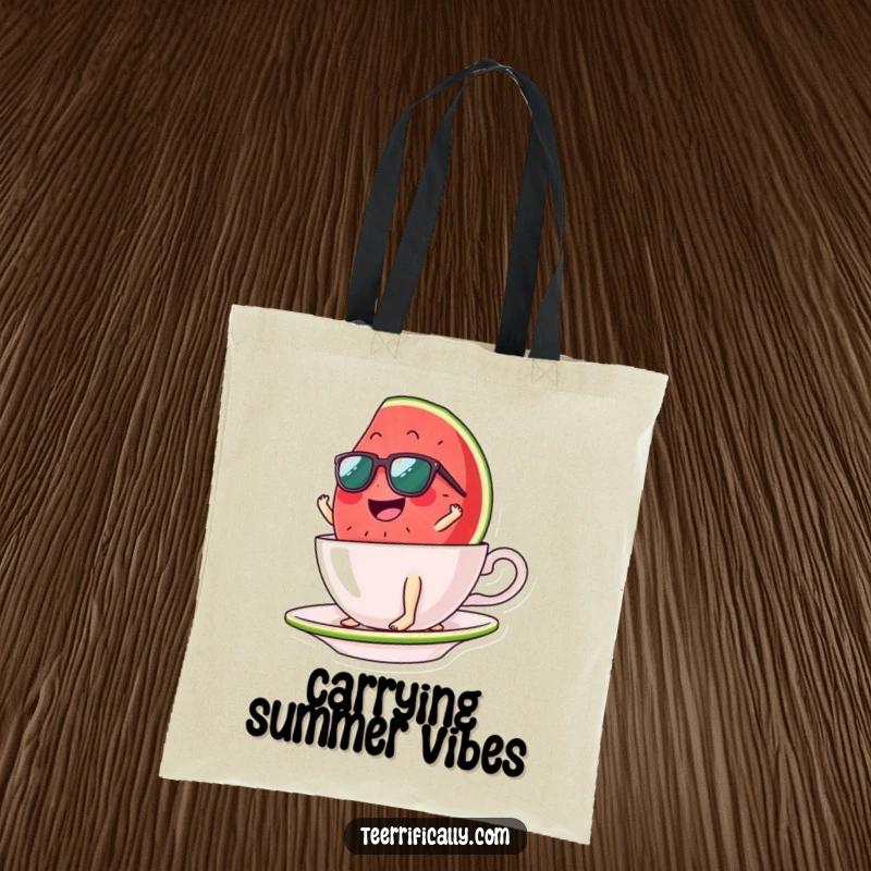 Funny watermelon slice tote bag, wearing sunglasses, surfing a teacup, perfect for carrying essentials with a playful, summery vibe.