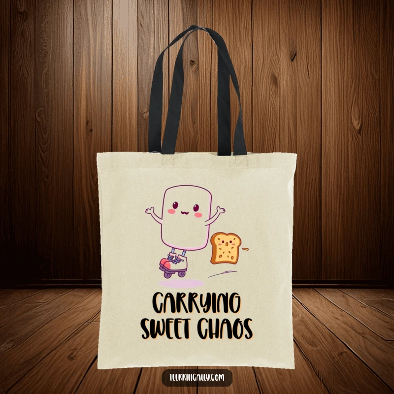 Funny tote bag displaying a marshmallow on roller skates, gliding with speed past a startled piece of toast, a whimsical and energetic design.