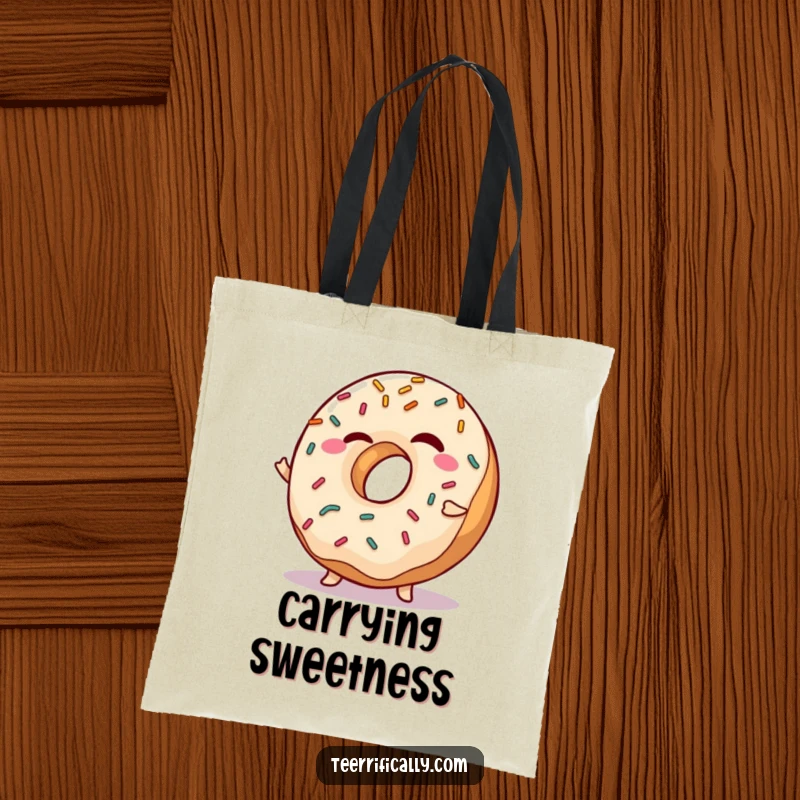 Funny Tote Bag featuring a winking donut with sprinkles doing a playful shimmy, perfect for carrying daily items with flair.