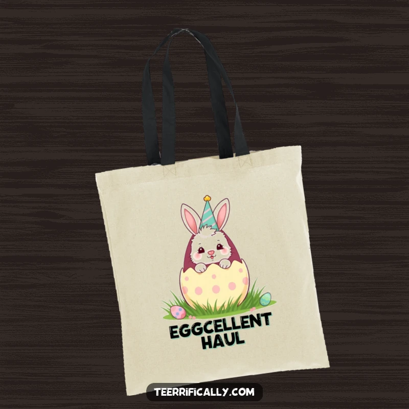 Funny tote bag with a fluffy bunny in a party hat peeking out of a giant Easter egg, ideal for Easter egg hunts or shopping.
