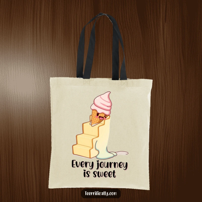 Funny tote bag depicting a melting ice cream cone playfully sliding down a staircase made of toast.