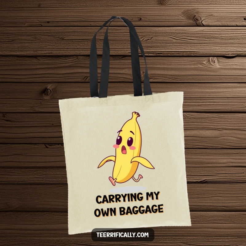 Funny surprised banana character with legs running away from its peel on a tote bag, depicting humorous panic and utility.
