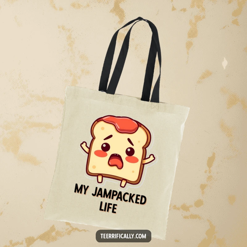 Funny Tote Bag featuring a bewildered piece of toast character with surprise jam spread, ideal for carrying breakfast humor.