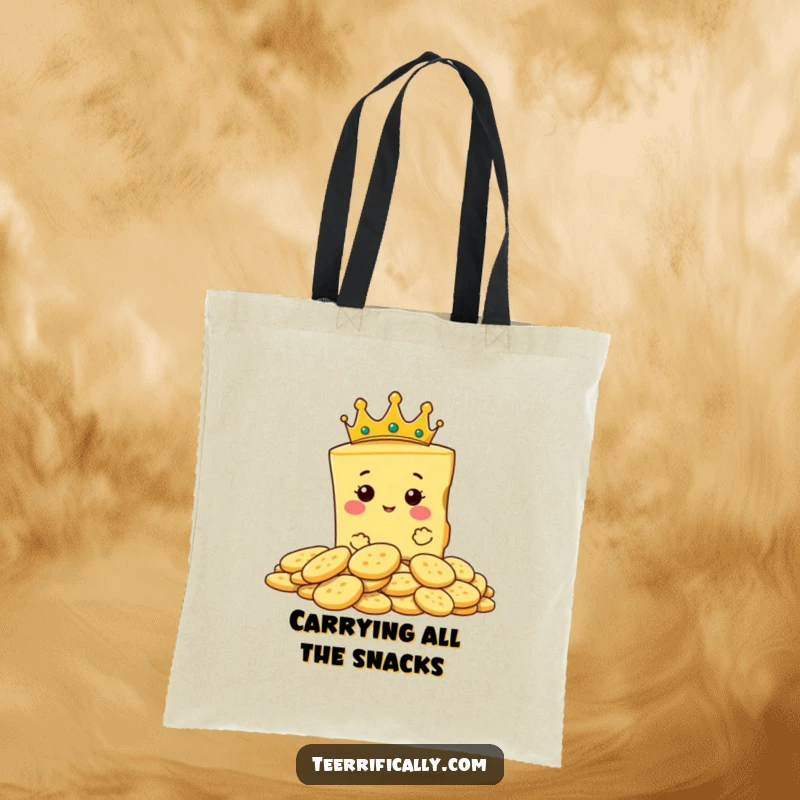 Funny tote bag depicting a proud slice of cheese wearing a tiny crown, overseeing a pile of crackers.