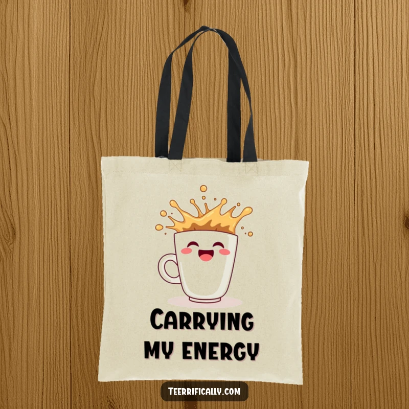 Funny coffee tote bag showing a smiling cup splashing enthusiastically, perfect for carrying coffee essentials.