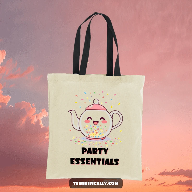 Funny tote bag with a happy teapot joyfully pouring colorful confetti instead of tea, perfect for carrying festive essentials.