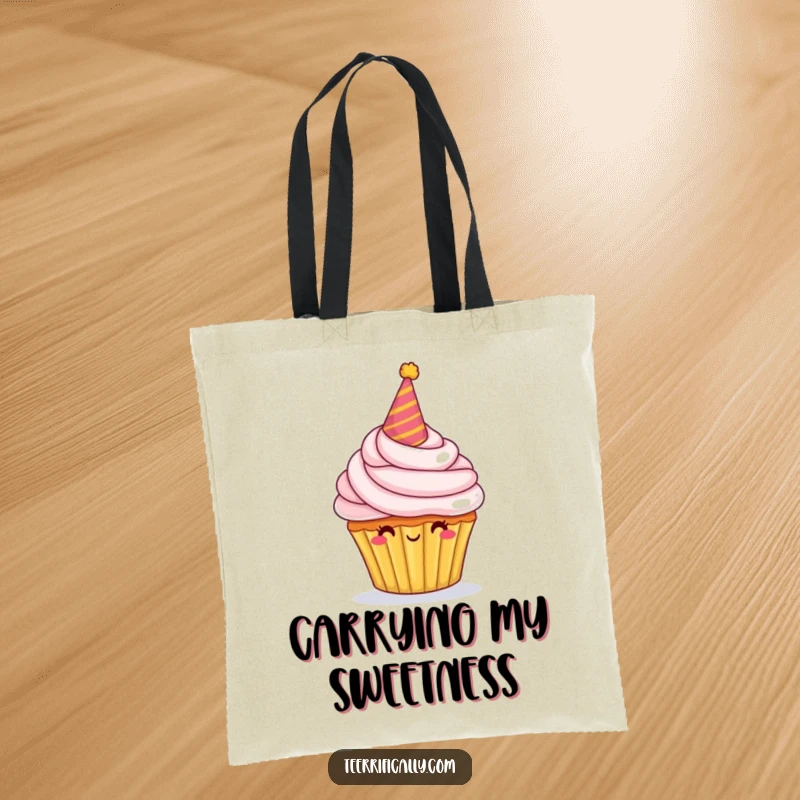 Funny Tote Bag featuring a proud cupcake character with a party hat and ample frosting, ideal for carrying sweet essentials.