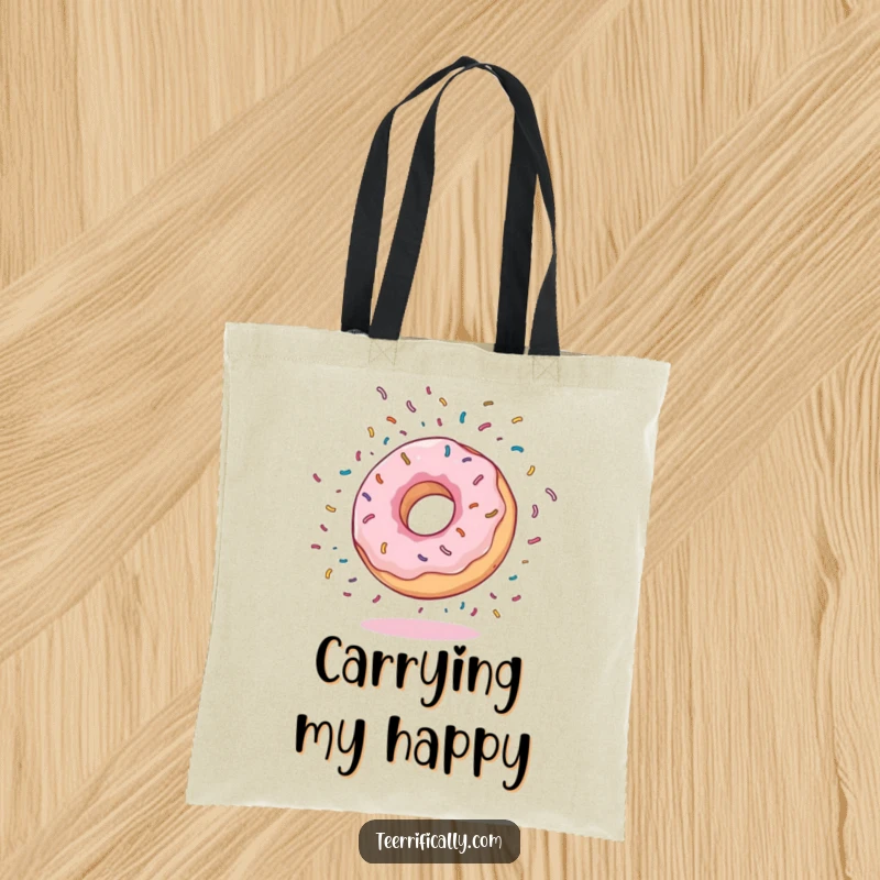 Funny Tote Bag with a bouncy donut doing a somersault, surrounded by flying sprinkles, perfect for carrying essentials with a cheerful flair.