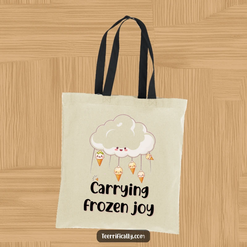 Funny tote bag with a cheerful cloud raining smiling ice creams, ideal for carrying essentials with joy.