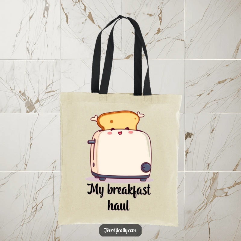 Funny tote bag with a piece of toast with ears jumping out of a toaster, ideal for carrying essentials.
