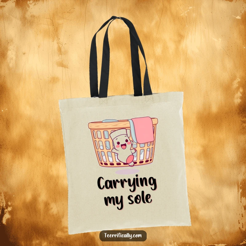 Funny tote bag illustrating a delighted sock chasing its mate around a laundry basket, a humorous and practical accessory.