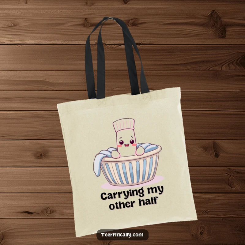 Funny Tote Bag with a pleased sock finding its mate in a laundry basket, perfect for carrying items with a humorous and relatable theme.