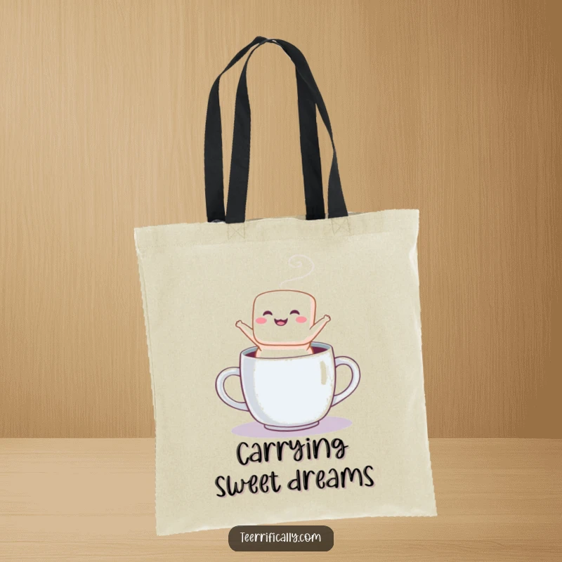 Funny tote bag illustrating a fluffy marshmallow leaping from a mug, showcasing cheerful energy and sweet design.