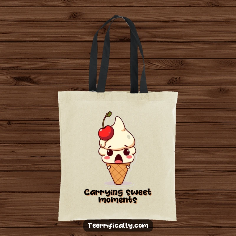 Funny ice cream tote bag: Surprised ice cream cone character with a melting cherry on its head, a funny gift.