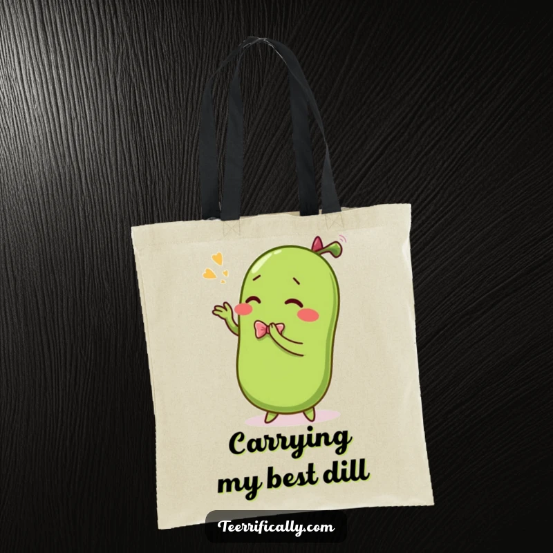 Funny tote bag showcasing a sentient pickle mid-bow, emphasizing its dramatic performance and comedic aura.