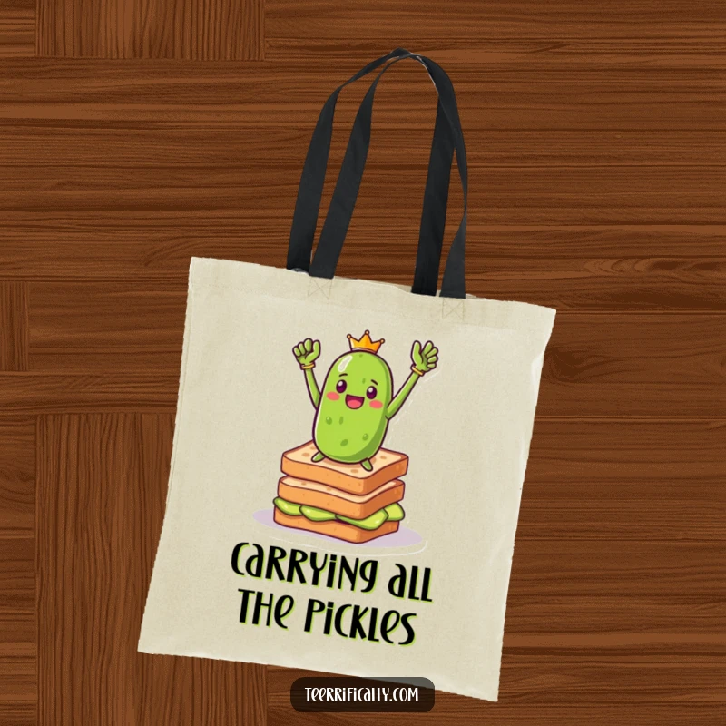 Funny pickle toast hero tote bag depicting a triumphant pickle heroically posing on toast, ideal for carrying essentials with a side of bold humor.