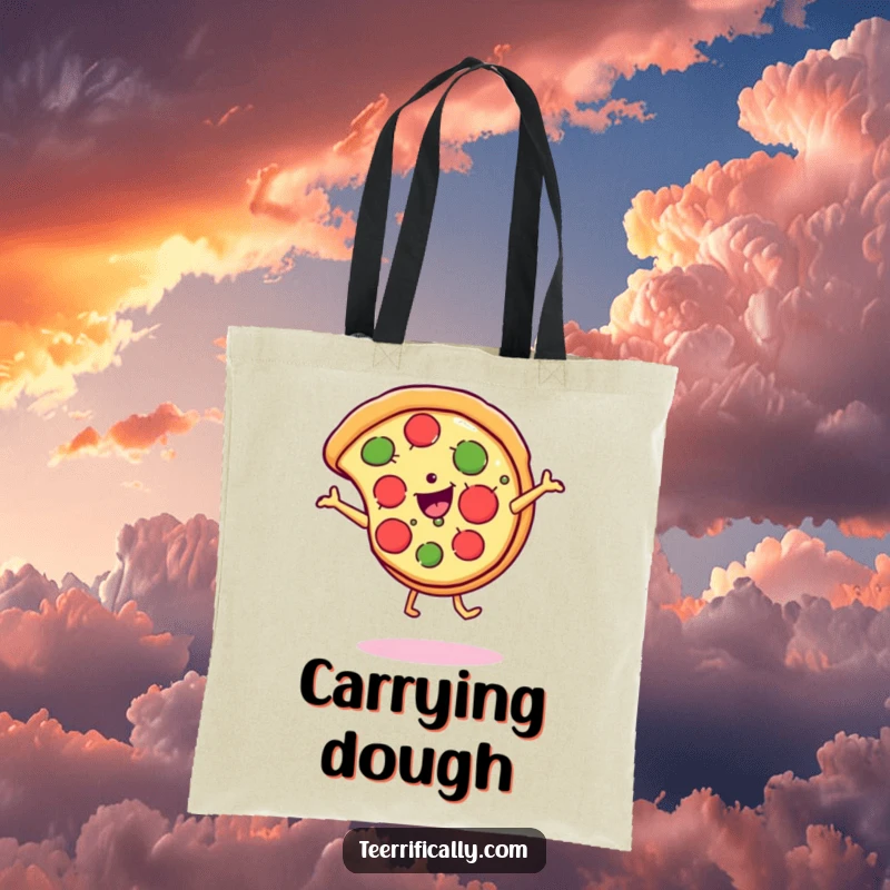 Funny Tote Bag with a cheerful pizza slice mid-cartwheel, complete with a wide, cheesy grin, perfect for carrying daily items.