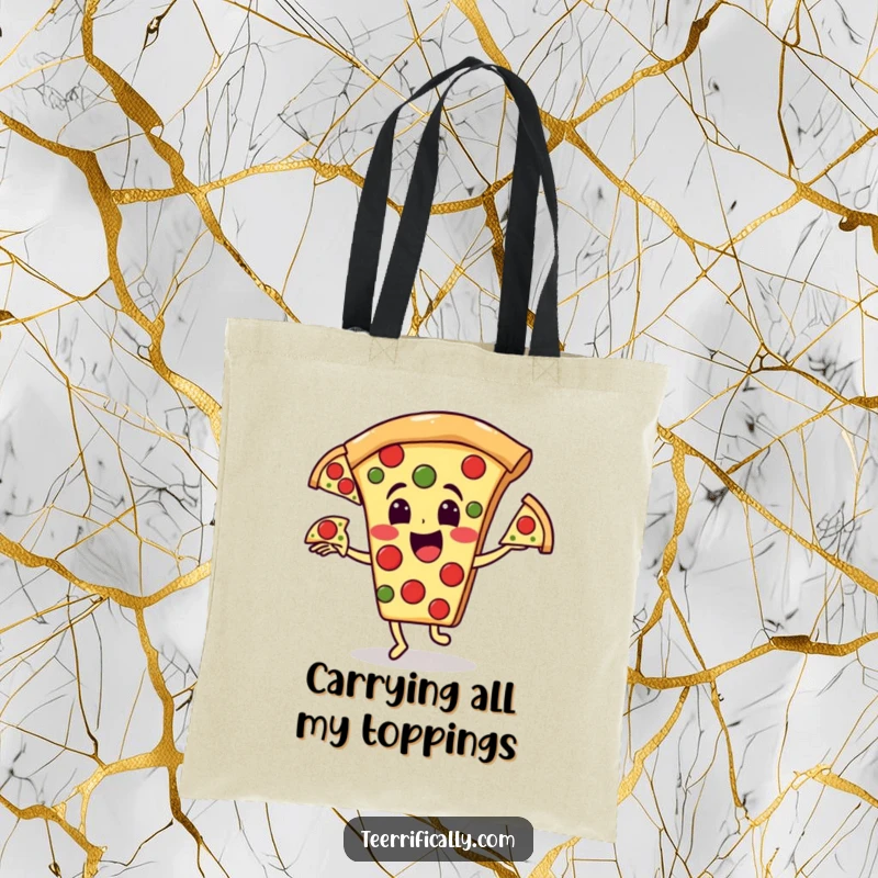 Funny pizza tote bag: Happy pizza character juggling three runaway pepperoni slices, a funny gift.