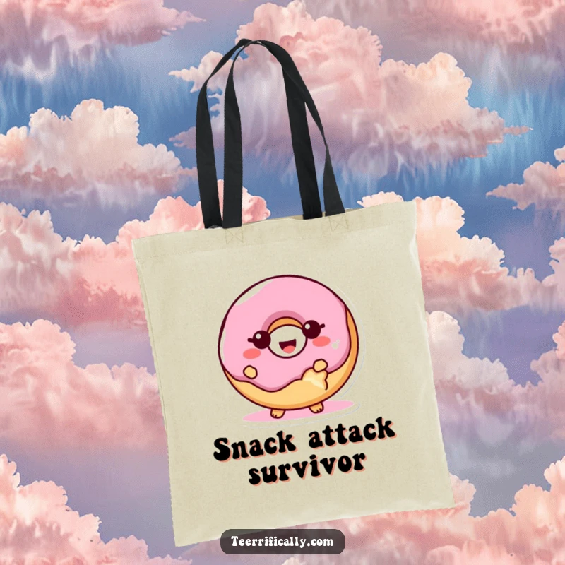 Funny proud donut tote bag, a giggling donut character with a bite in it, looking proud and ready for errands, a humorous accessory.
