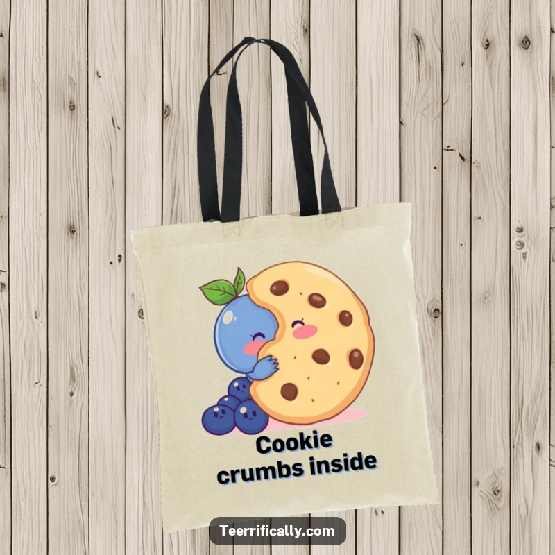 Funny tote bag illustrating a blushing shy blueberry hiding behind a giant cookie, perfect for cute storage.