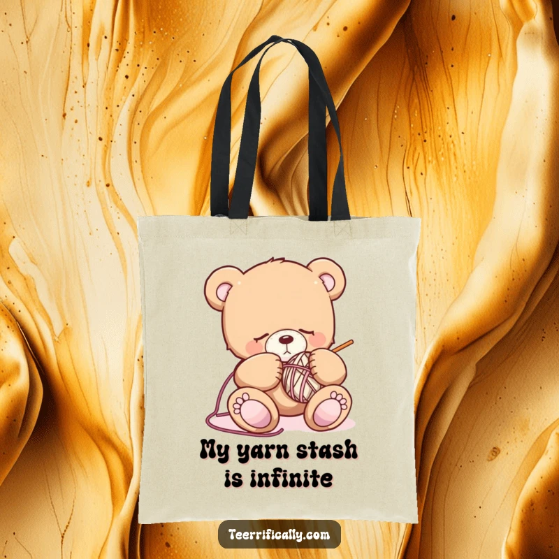 Funny sleepy teddy bear tote bag illustrating a drowsy bear attempting to knit, perfect for carrying craft supplies with a side of adorable humor.