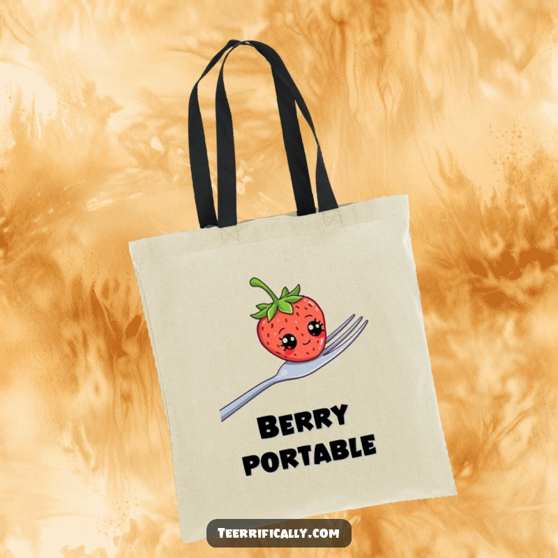 Funny strawberry with wide googly eyes teetering on a giant fork, illustrated on a durable tote bag, expressing whimsical clumsiness.