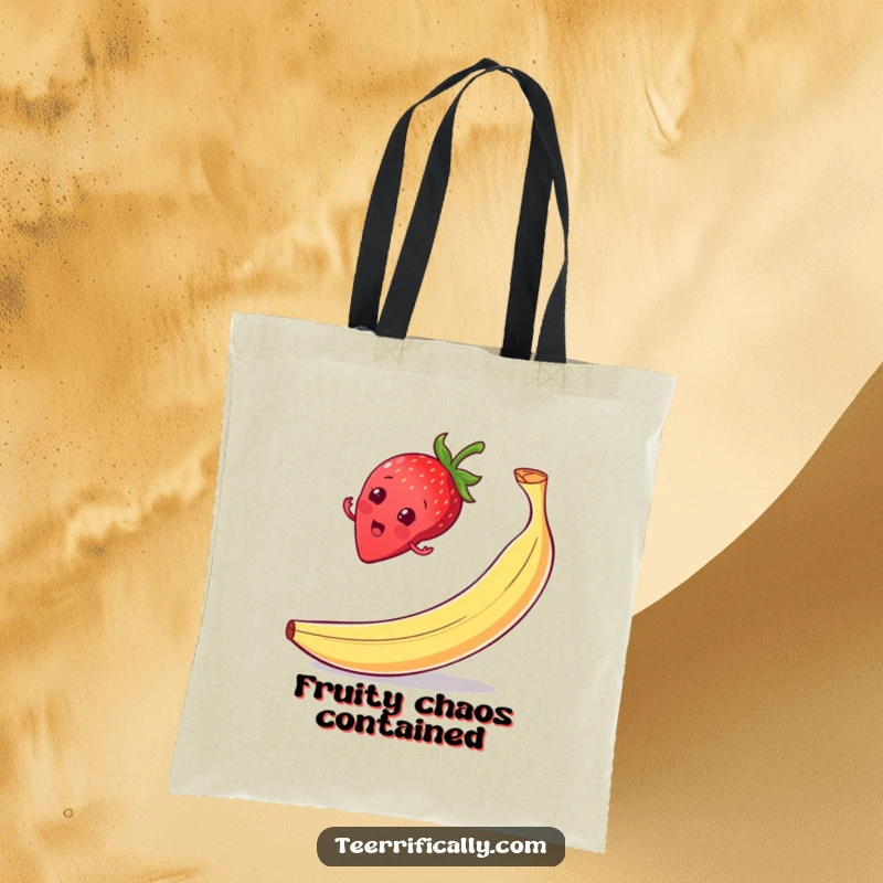 Funny strawberry slip tote bag, balancing precariously on a banana peel with a surprised expression.