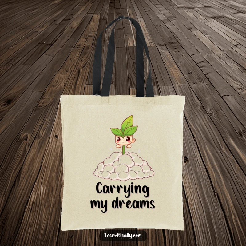 Funny tote bag depicting a determined sprout pushing through fluffy clouds, symbolizing ambition and progress.